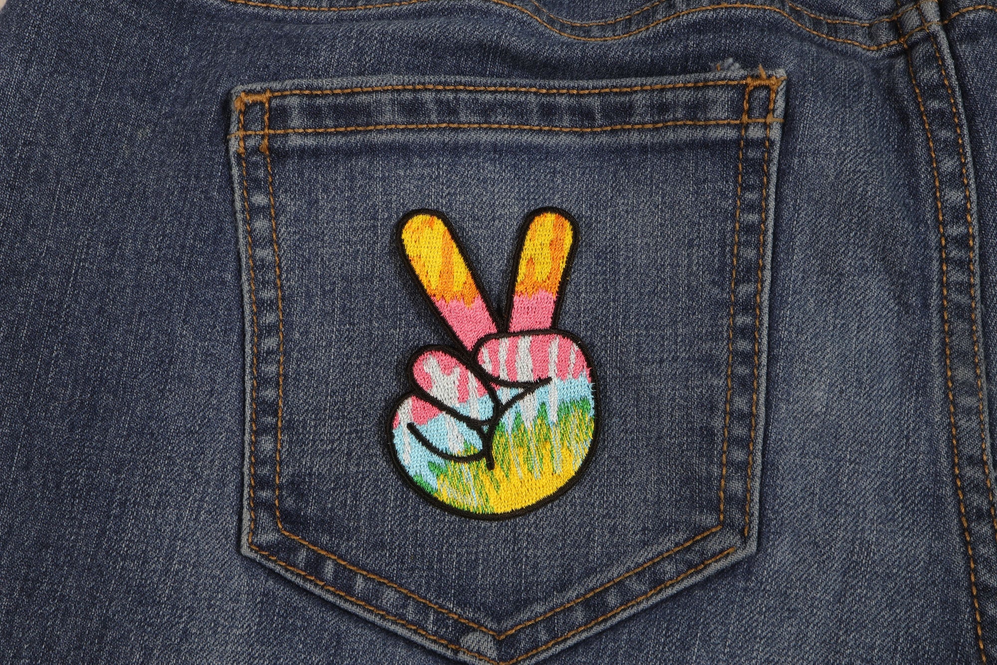 Colorful Peace Fingers Hand Sign Novelty Embroidery  Iron-On Patch (  4 x 4 inches )